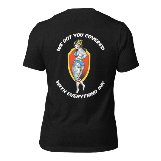 Black t-shirt with graphic design and text on the back on a white background.